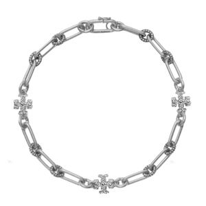 🆕 TORY BURCH • Silver Roxanne Chain Crystal Logo Necklace Includes Jewelry Bag